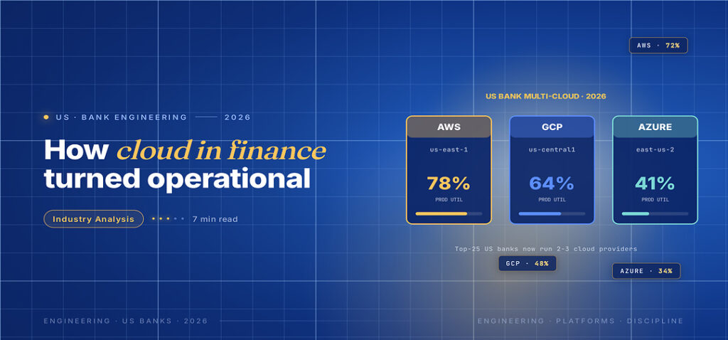 TechBullion Tier 1 editorial featured image for Cloud Computing in U.S. Finance Has Stopped Being Strategic and Become Operational, with a topic-unique SVG metaphor and a Fraunces italic gold keyword phrase "cloud in finance" in the headline on the navy gradient editorial composite.