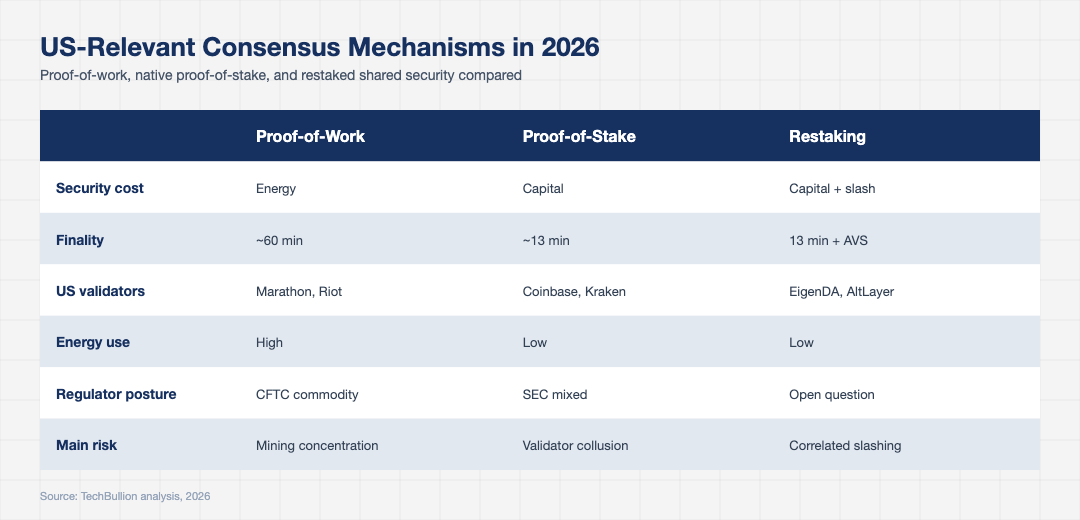 Comparison table of US-relevant consensus mechanisms showing proof-of-work proof-of-stake and restaking with throughput finality and energy attributes