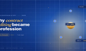 TechBullion Tier 1 editorial featured image for Smart Contract Security Auditing Becomes a US Specialist Profession, with a topic-fitting SVG metaphor and a Fraunces italic gold keyword phrase "contract auditing" in the headline on the navy gradient editorial composite with two-tier grid and warm gold glow.