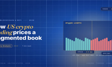TechBullion Tier 1 editorial featured image for Crypto Trading and Markets in America in 2026: ETFs, Custody and the New US Order Flow, with a topic-unique SVG metaphor and a Fraunces italic gold keyword phrase "US crypto trading" in the headline on the navy gradient editorial composite.
