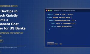 TechBullion editorial hero for DevOps in US fintech, with a stylized code editor window containing US banking deployment code on the Claude Design navy gradient composite.