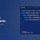 TechBullion editorial hero for DevOps in US fintech, with a stylized code editor window containing US banking deployment code on the Claude Design navy gradient composite.