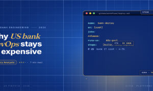 TechBullion Tier 1 editorial featured image for DevOps in US fintech becoming a permanent cost center, with a clean code editor window containing a GitHub Actions deployment workflow for a US bank on the navy editorial composite.