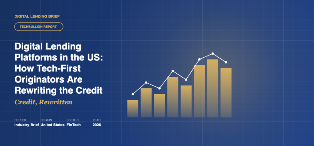 Claude Design hero illustration with bar-chart growth graphic and gold trend line alongside headline reading Digital Lending Platforms in the US: How Tech-First Originators Are Rewriting the Credit Stack.