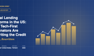Claude Design hero illustration with bar-chart growth graphic and gold trend line alongside headline reading Digital Lending Platforms in the US: How Tech-First Originators Are Rewriting the Credit Stack.