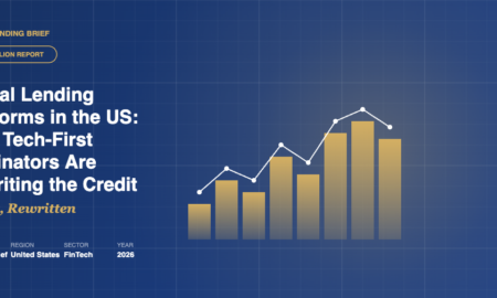 Claude Design hero illustration with bar-chart growth graphic and gold trend line alongside headline reading Digital Lending Platforms in the US: How Tech-First Originators Are Rewriting the Credit Stack.
