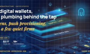 Stylised phone silhouettes with glowing tokenised card layers floating above the screens, surrounded by contactless tap waves and abstract secure element chips.