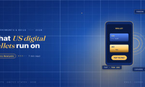 TechBullion Tier 1 editorial featured image for US Digital Wallet Infrastructure: 13.7B Visa Tokens and the Plumbing Behind the Tap, with a topic-unique SVG metaphor and a Fraunces italic gold keyword phrase "US digital wallets" in the headline on the navy gradient editorial composite.