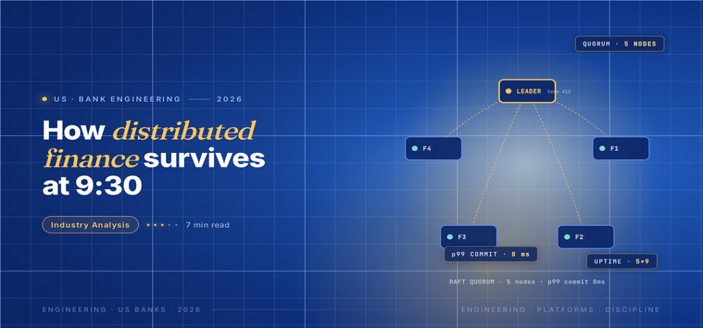 TechBullion Tier 1 editorial featured image for Distributed Systems in U.S. Finance: The Patterns That Survive Production, with a topic-unique SVG metaphor and a Fraunces italic gold keyword phrase "distributed finance" in the headline on the navy gradient editorial composite.