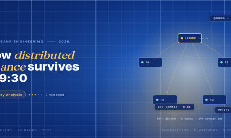 TechBullion Tier 1 editorial featured image for Distributed Systems in US Finance: How a Five-Nines Trade Engine Actually Stays Up at 9:30 a.m., with a topic-unique SVG metaphor and a Fraunces italic gold keyword phrase "distributed finance" in the headline on the navy gradient editorial composite.