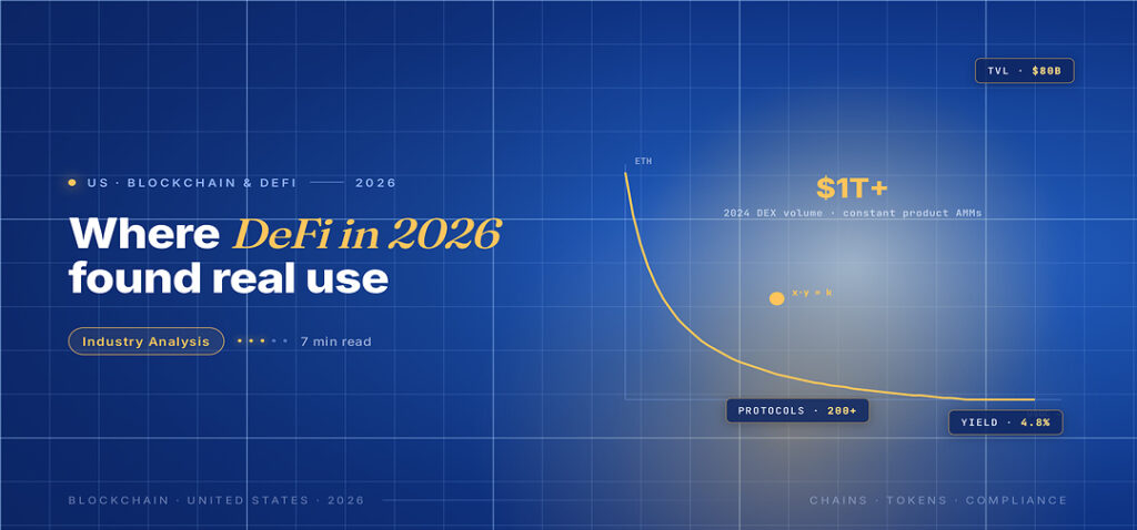TechBullion Tier 1 editorial featured image for DeFi in America 2026: Where the Quiet Reset Has Left Real Use Cases Standing, with a topic-unique SVG metaphor and a Fraunces italic gold keyword phrase "DeFi in 2026" in the headline on the navy gradient editorial composite.