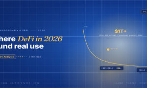 TechBullion Tier 1 editorial featured image for DeFi in America 2026: Where the Quiet Reset Has Left Real Use Cases Standing, with a topic-unique SVG metaphor and a Fraunces italic gold keyword phrase "DeFi in 2026" in the headline on the navy gradient editorial composite.