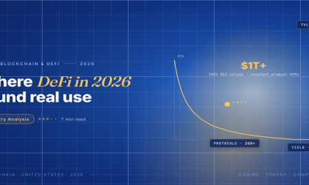 TechBullion Tier 1 editorial featured image for DeFi in America 2026: Where the Quiet Reset Has Left Real Use Cases Standing, with a topic-unique SVG metaphor and a Fraunces italic gold keyword phrase "DeFi in 2026" in the headline on the navy gradient editorial composite.