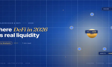TechBullion Tier 1 editorial featured image for Decentralized Finance in the US in 2026: Where the Liquidity Is, Where the Regulators Are and What Survived, with a topic-fitting SVG metaphor and a Fraunces italic gold keyword phrase "DeFi in 2026" in the headline on the navy gradient editorial composite with two-tier grid and warm gold glow.