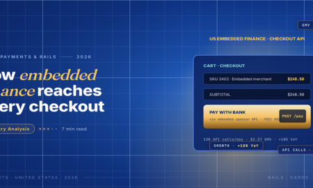 TechBullion Tier 1 editorial featured image for How the US FinTech Ecosystem Is Reshaping Itself in 2026: Rails, AI Underwriting and Embedded Finance, with a topic-unique SVG metaphor and a Fraunces italic gold keyword phrase "embedded finance" in the headline on the navy gradient editorial composite.