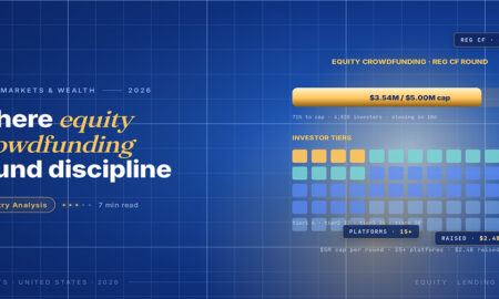 TechBullion Tier 1 editorial featured image for Equity crowdfunding in the US: ten years after the JOBS Act, what the data finally shows, with a topic-unique SVG metaphor and a Fraunces italic gold keyword phrase "equity crowdfunding" in the headline on the navy gradient editorial composite.