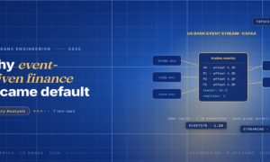 TechBullion Tier 1 editorial featured image for Event-Driven Architecture in U.S. Finance: Patterns That Survive a Decade of Change, with a topic-unique SVG metaphor and a Fraunces italic gold keyword phrase "event-driven finance" in the headline on the navy gradient editorial composite.