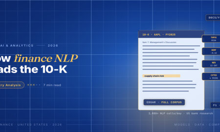 TechBullion Tier 1 editorial featured image for Natural Language Processing in US Finance: How Filings, Earnings Calls and Customer Complaints Got Read by Machines, with a topic-unique SVG metaphor and a Fraunces italic gold keyword phrase "finance NLP" in the headline on the navy gradient editorial composite.
