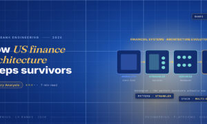 TechBullion Tier 1 editorial featured image for The Financial Systems Architecture Patterns That Separate Survivors From Rewrites, with a topic-unique SVG metaphor and a Fraunces italic gold keyword phrase "US finance architecture" in the headline on the navy gradient editorial composite.