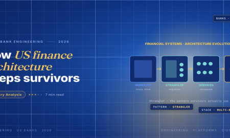 TechBullion Tier 1 editorial featured image for The Financial Systems Architecture Patterns That Separate Survivors From Rewrites, with a topic-unique SVG metaphor and a Fraunces italic gold keyword phrase "US finance architecture" in the headline on the navy gradient editorial composite.