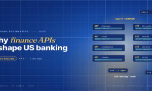 TechBullion Tier 1 editorial featured image for APIs in US financial services: 13 billion daily calls, the FDX consolidation, and what slows adoption, with a topic-unique SVG metaphor and a Fraunces italic gold keyword phrase "finance APIs" in the headline on the navy gradient editorial composite.