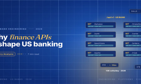 TechBullion Tier 1 editorial featured image for APIs in US Financial Services: 13 Billion Calls a Day and a Quiet Reshaping of How Banks Compete, with a topic-unique SVG metaphor and a Fraunces italic gold keyword phrase "finance APIs" in the headline on the navy gradient editorial composite.