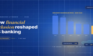 TechBullion Tier 1 editorial featured image for How Financial Inclusion Concepts Are Quietly Reshaping the US Banking Stack, with a topic-unique SVG metaphor and a Fraunces italic gold keyword phrase "financial inclusion" in the headline on the navy gradient editorial composite.