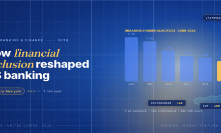 TechBullion Tier 1 editorial featured image for How Financial Inclusion Concepts Are Quietly Reshaping the US Banking Stack, with a topic-unique SVG metaphor and a Fraunces italic gold keyword phrase "financial inclusion" in the headline on the navy gradient editorial composite.