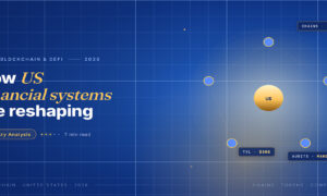 TechBullion Tier 1 editorial featured image for DeFi in America 2026: Where the Quiet Reset Has Left Real Use Cases Standing, with a topic-fitting SVG metaphor and a Fraunces italic gold keyword phrase "US financial systems" in the headline on the navy gradient editorial composite with two-tier grid and warm gold glow.