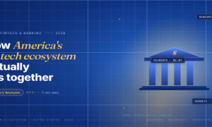 TechBullion Tier 1 editorial featured image for how America's FinTech ecosystem actually fits together, with a clean US classical bank facade centered on the right pane and a Fraunces italic gold keyword phrase in the headline, on the navy gradient editorial composite with two-tier grid and warm gold glow.