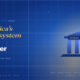 TechBullion Tier 1 editorial featured image for how America's FinTech ecosystem actually fits together, with a clean US classical bank facade centered on the right pane and a Fraunces italic gold keyword phrase in the headline, on the navy gradient editorial composite with two-tier grid and warm gold glow.