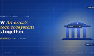 TechBullion Tier 1 editorial featured image for how America's FinTech ecosystem fits together, with a clean US bank facade on the right pane on the navy gradient editorial composite.