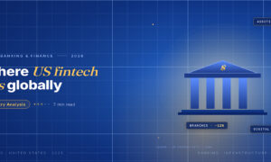 TechBullion Tier 1 editorial featured image for America’s Place in the Global FinTech Landscape, Honestly Mapped, with a topic-fitting SVG metaphor and a Fraunces italic gold keyword phrase "US fintech sits" in the headline on the navy gradient editorial composite with two-tier grid and warm gold glow.