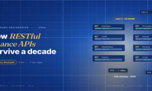 TechBullion Tier 1 editorial featured image for Designing RESTful Financial APIs That Survive a Decade in U.S. FinTech, with a topic-unique SVG metaphor and a Fraunces italic gold keyword phrase "RESTful finance APIs" in the headline on the navy gradient editorial composite.