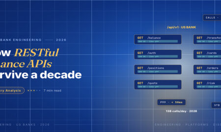 TechBullion Tier 1 editorial featured image for Designing RESTful Financial APIs That Survive a Decade in U.S. FinTech, with a topic-unique SVG metaphor and a Fraunces italic gold keyword phrase "RESTful finance APIs" in the headline on the navy gradient editorial composite.