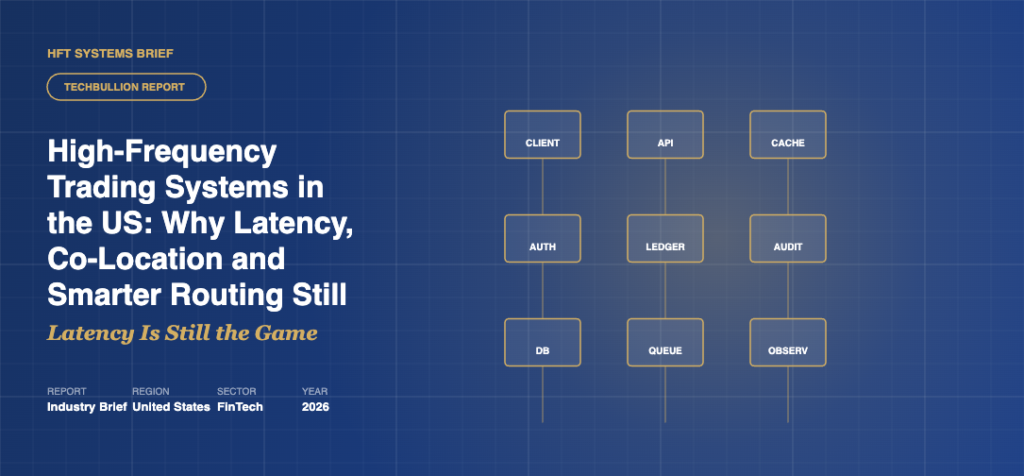 Claude Design hero illustration with a system architecture schematic showing client, API, ledger and observability tiers alongside headline about US high frequency trading systems and the latency edge.