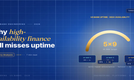 TechBullion Tier 1 editorial featured image for High-Availability System Design in U.S. Finance: From Architecture to Actual Uptime, with a topic-unique SVG metaphor and a Fraunces italic gold keyword phrase "high-availability finance" in the headline on the navy gradient editorial composite.