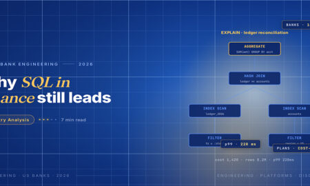 TechBullion Tier 1 editorial featured image for SQL for U.S. Finance: The Disciplines That Separate Mature Practice From Adventure, with a topic-unique SVG metaphor and a Fraunces italic gold keyword phrase "SQL in finance" in the headline on the navy gradient editorial composite.