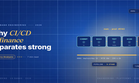TechBullion Tier 1 editorial featured image for CI/CD Pipelines in U.S. FinTech: Where Discipline Distinguishes Strong From Weak, with a topic-unique SVG metaphor and a Fraunces italic gold keyword phrase "CI/CD in finance" in the headline on the navy gradient editorial composite.
