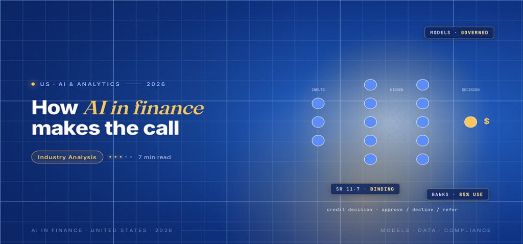 TechBullion Tier 1 editorial featured image for AI for Financial Decision Making in the U.S.: Past Demos, Into Operations, with a topic-unique SVG metaphor and a Fraunces italic gold keyword phrase "AI in finance" in the headline on the navy gradient editorial composite.