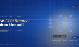 TechBullion Tier 1 editorial featured image for AI for Financial Decision Making in the U.S.: Past Demos, Into Operations, with a topic-unique SVG metaphor and a Fraunces italic gold keyword phrase "AI in finance" in the headline on the navy gradient editorial composite.