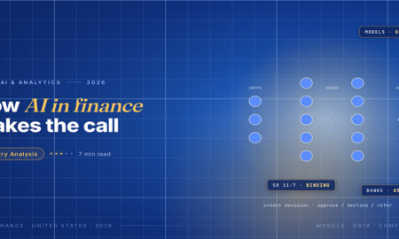 TechBullion Tier 1 editorial featured image for AI for Financial Decision Making in the U.S.: Past Demos, Into Operations, with a topic-unique SVG metaphor and a Fraunces italic gold keyword phrase "AI in finance" in the headline on the navy gradient editorial composite.