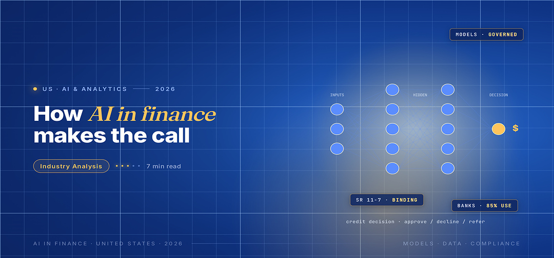 TechBullion Tier 1 editorial featured image for AI for Financial Decision Making in the U.S.: Past Demos, Into Operations, with a topic-unique SVG metaphor and a Fraunces italic gold keyword phrase "AI in finance" in the headline on the navy gradient editorial composite.