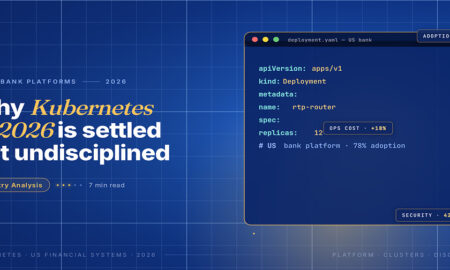 TechBullion Tier 1 editorial featured image for Kubernetes as a settled US financial-systems platform with unsettled discipline, with a clean code editor window showing a Kubernetes deployment manifest on the navy editorial composite.