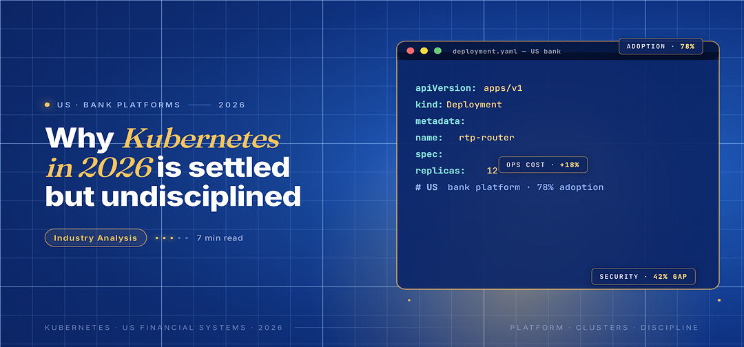 TechBullion Tier 1 editorial featured image for Kubernetes as a settled US financial-systems platform with unsettled discipline, with a clean code editor window showing a Kubernetes deployment manifest on the navy editorial composite.