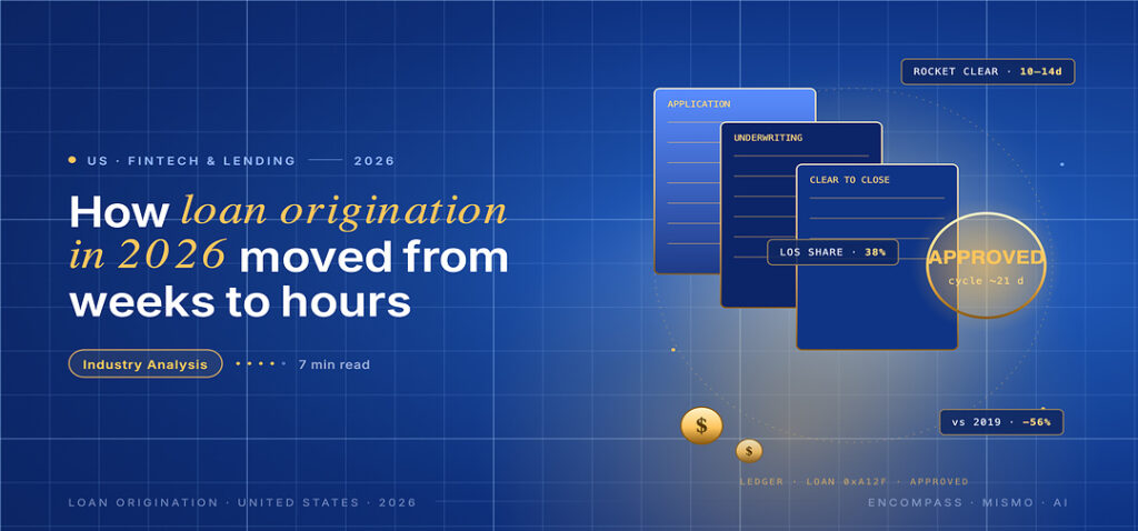 Editorial card hero for US loan origination systems in 2026: navy gradient with two-tier grid, gold radial glow, headline highlighting loan origination in 2026 in italic, three overlapping document tiles and a gold APPROVED stamp.