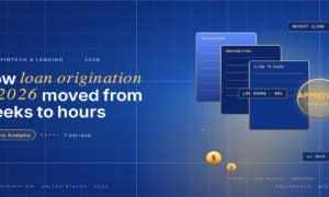 Editorial card hero for US loan origination systems in 2026: navy gradient with two-tier grid, gold radial glow, headline highlighting loan origination in 2026 in italic, three overlapping document tiles and a gold APPROVED stamp.