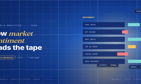 TechBullion Tier 1 editorial featured image for Sentiment Analysis for Markets Has Become a Routine Input at US Quant Funds and Big Banks, with a topic-unique SVG metaphor and a Fraunces italic gold keyword phrase "market sentiment" in the headline on the navy gradient editorial composite.