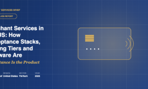Claude Design hero illustration with payment terminal and contactless card graphic alongside headline reading Merchant Services in the US: How Acceptance Stacks, Pricing Tiers and Software Are Reshaping the Front Counter.