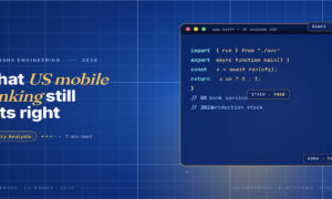 TechBullion Tier 1 editorial featured image for What Separates Well-Built U.S. Mobile Banking Apps From the Rest in 2026, with a topic-fitting SVG metaphor and a Fraunces italic gold keyword phrase "US mobile banking" in the headline on the navy gradient editorial composite with two-tier grid and warm gold glow.